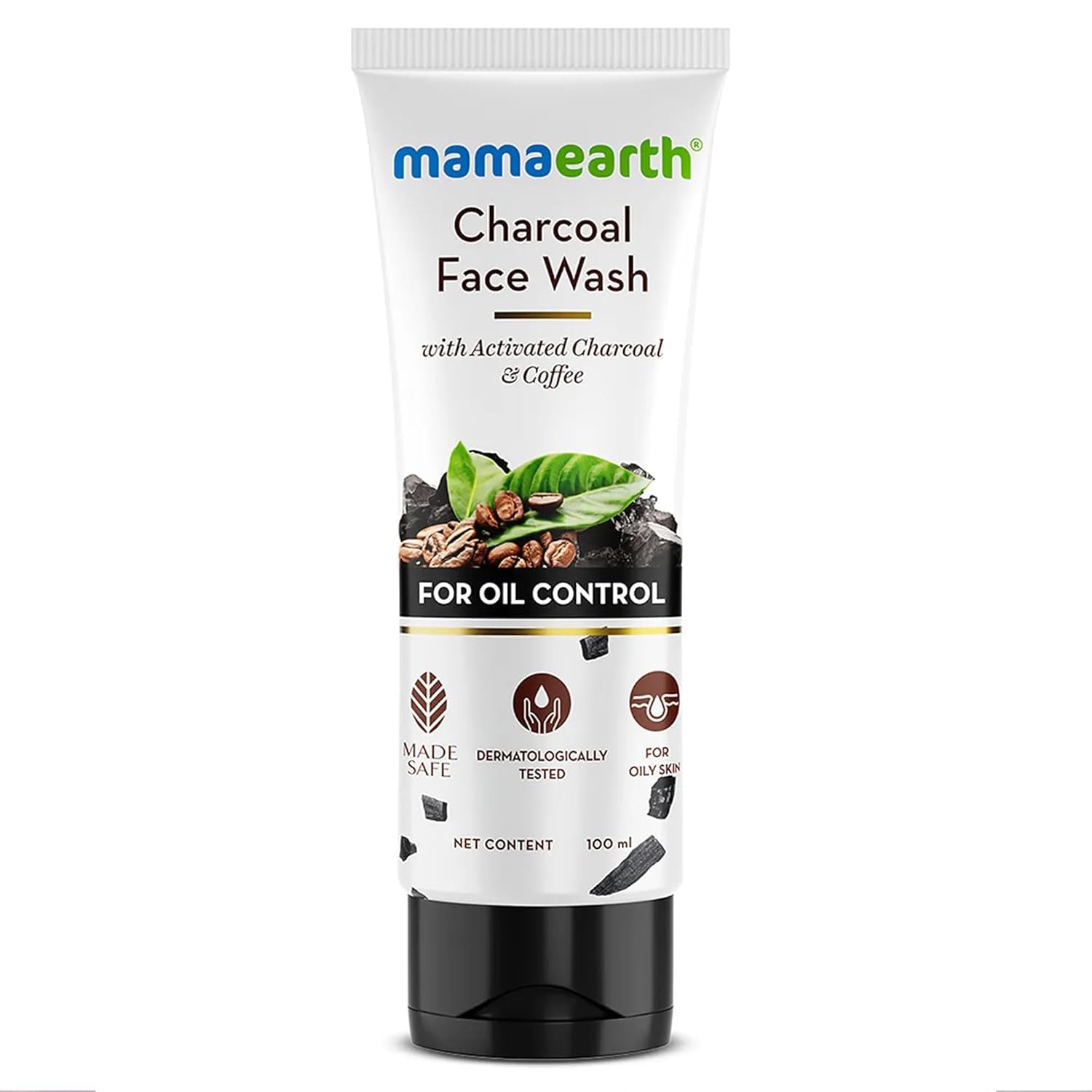 Mamaearth Activated Charcoal Face Wash | Controls Excess Oil & Unclog Pores | Purifying Facial Cleanser | Mildly Exfoliates with Coffee | 3.38 Fl Oz (100ml)