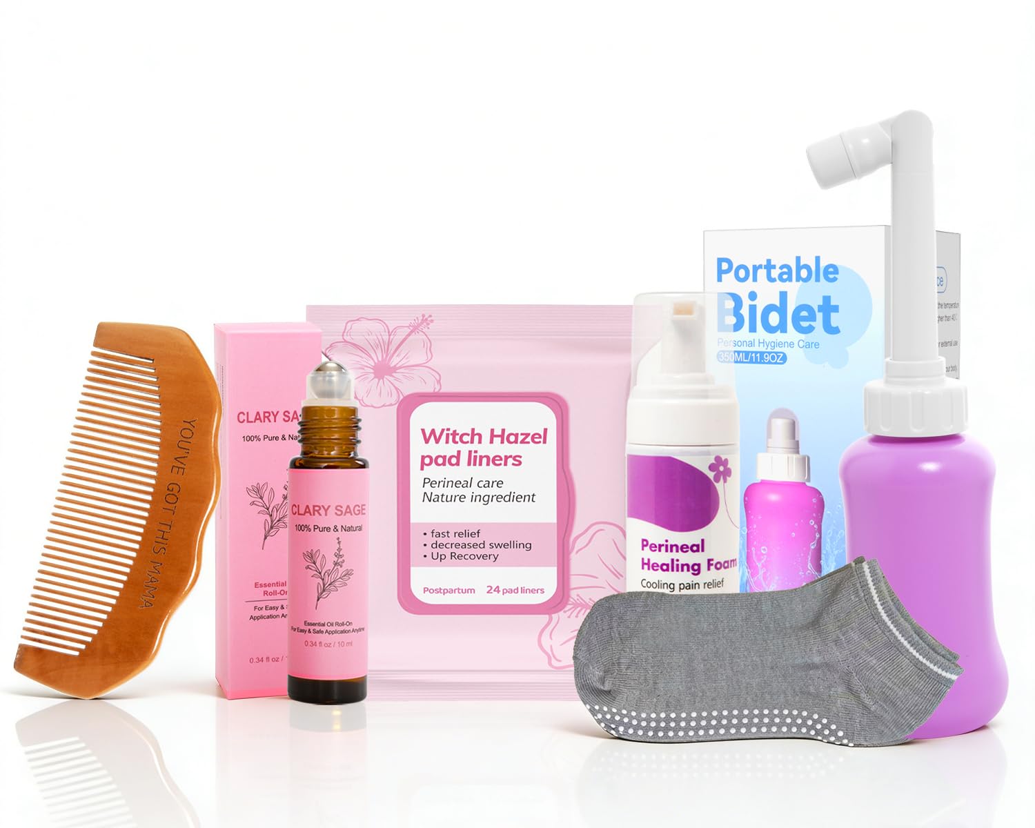 6 Pcs Labor & Postpartum Essentials Recovery Kit , Includes Labor Comb,Clary Sage Oil,Peri Bottle,24 Pad Liners, Perineal Soothing Foam,Socks,Hospital Bag Must Haves for New Mom
