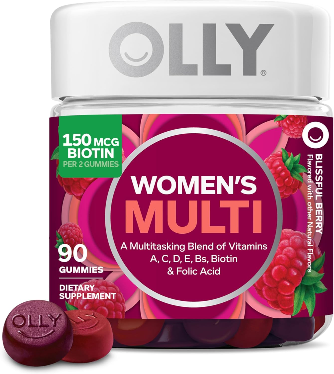 OLLY Women’s Multivitamin Gummy, Vitamins A, D, C, E, Biotin, Folic Acid, Adult Chewable Vitamin, Berry Flavor, 45 Day Supply – 90 Count