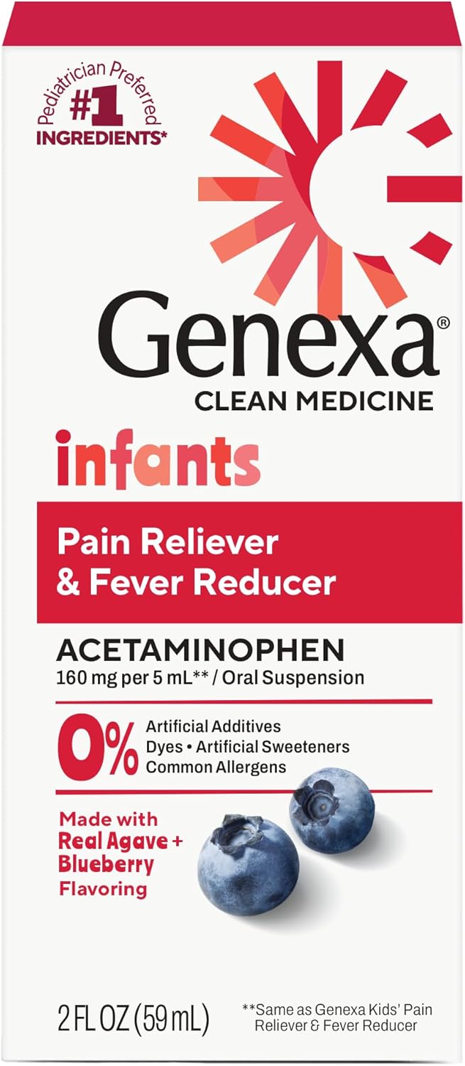 Genexa Infants’ Clean Acetaminophen | Pediatrician Preferred Ingredients | Pain Reliever & Fever Reducer for Babies| Dye Free, 0% Artificial Additives | Delicious Organic Blueberry Flavor, 2 fl oz