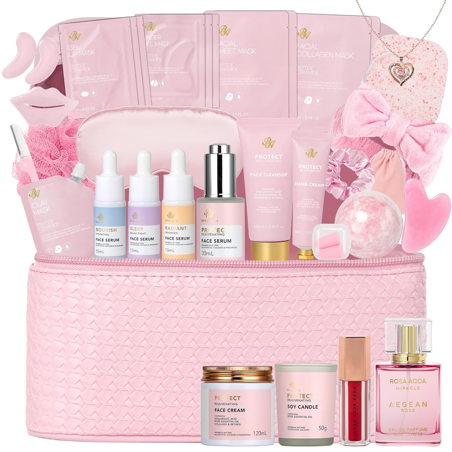 33 Pcs Mother’s Day Gift for Mom, Rose Facial Skin Care Set, Bath & Body Spa Basket for Women, Beauty Care Kit, Makeup Bag, Face Serum, Christmas, Birthday, Christmas, Anniversary