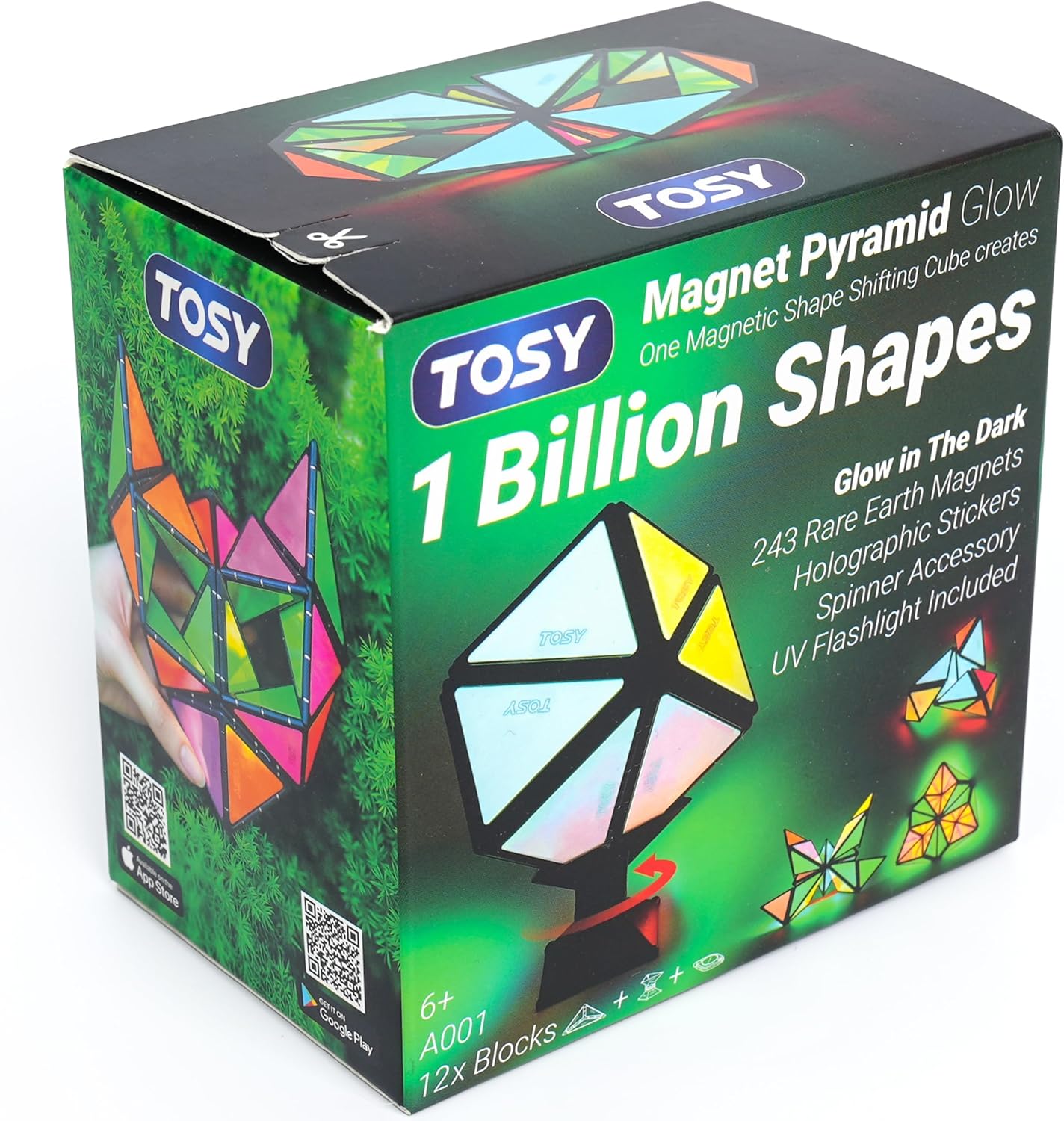 TOSY Magnet Pyramid Glow – 1 Cube Transforms into 1 Billion Shapes (Bunny, Egg, Flowers, Hearts), Easter Basket Stuffers Gift, 12 pcs, 243 Magnets, Glowing, Holographic Design, Puzzle/STEM Toy